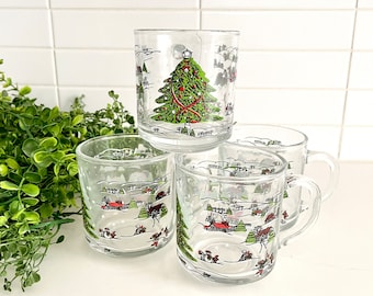 Vintage Christmas Mugs, Holiday Glassware, Festive Clear Glass Mugs, Vintage Bar Cart, KIG Made in Indonesia