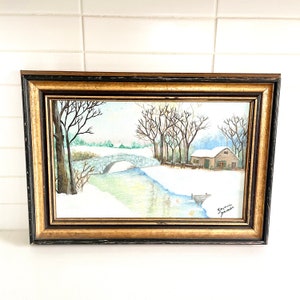 Signed Original Winter Landscape Painting, Vintage Solid Wood Ornate Framed Artwork