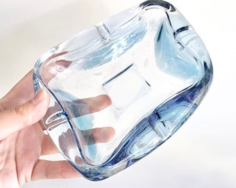 Blown Glass Ashtray, Vintage Blue Trinket Dish, Vanity Tray