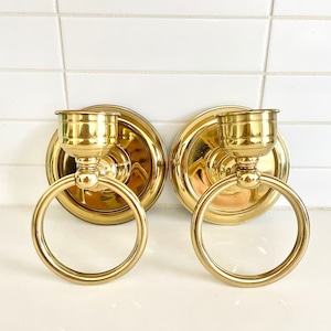 Polished Brass Candle Sconce Pair, Hollywood Regency Decor
