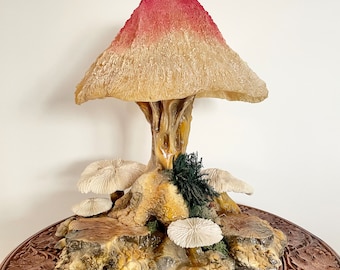 Rare XL Magic Mushroom Lamp by Wizart 1985, Cypress Burl Wood | Coral & Moss