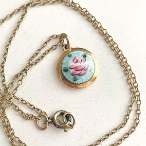 C1920 Gold-Filled Guilloche Necklace with Pink Rose Pendant, Valentine&#39;s Day Gift