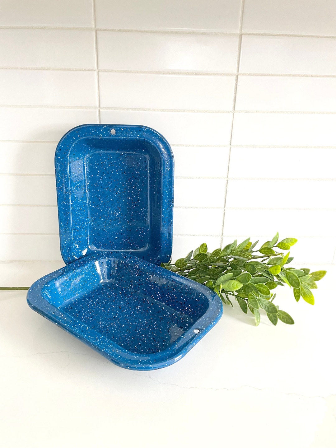 Vintage Enamel Graniteware Roasting Pans, Blue Kitchenware, Campfire