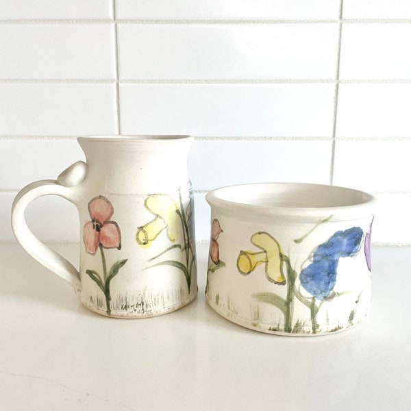 Vintage Canadian Studio Pottery Creamer & Sugar Bowl, Spring Floral Pattern, Irma Hewak Ontario Potter, Vintage Mugs and Bowls