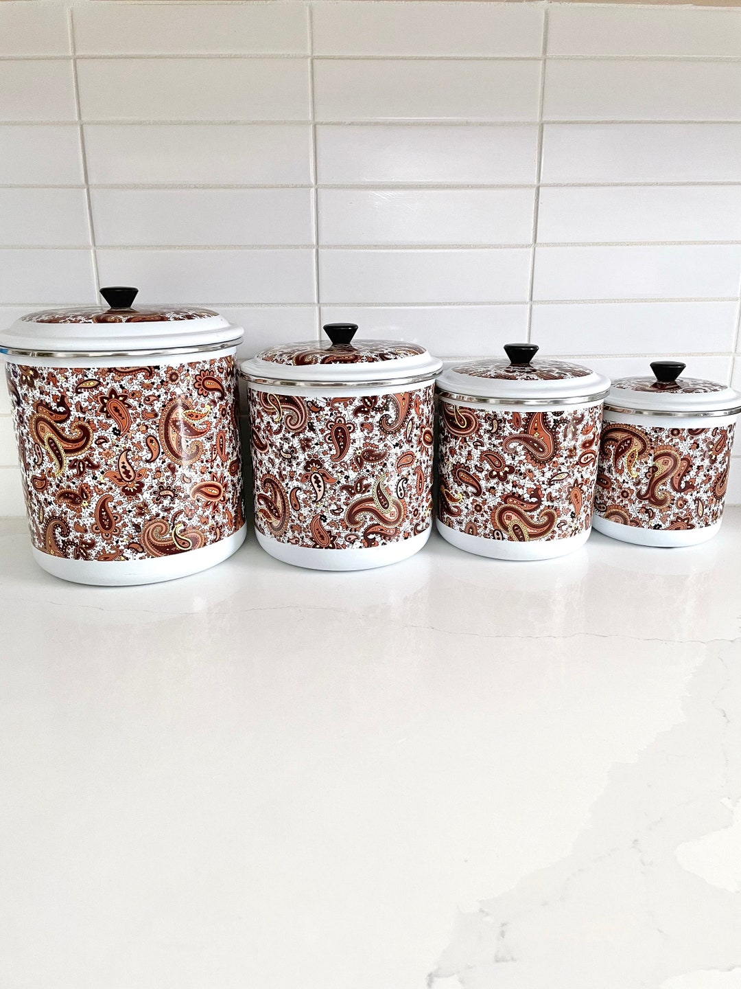 1970s Paisley Enamel Kitchen Canister Set of 4 With Lids Etsy