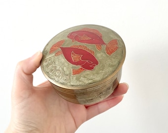 Enameled Brass Pisces Jewelry Box with Decorative Zodiac Sign Fish Lid, Lovely Trinket Box, Vintage Vanity Stash Box