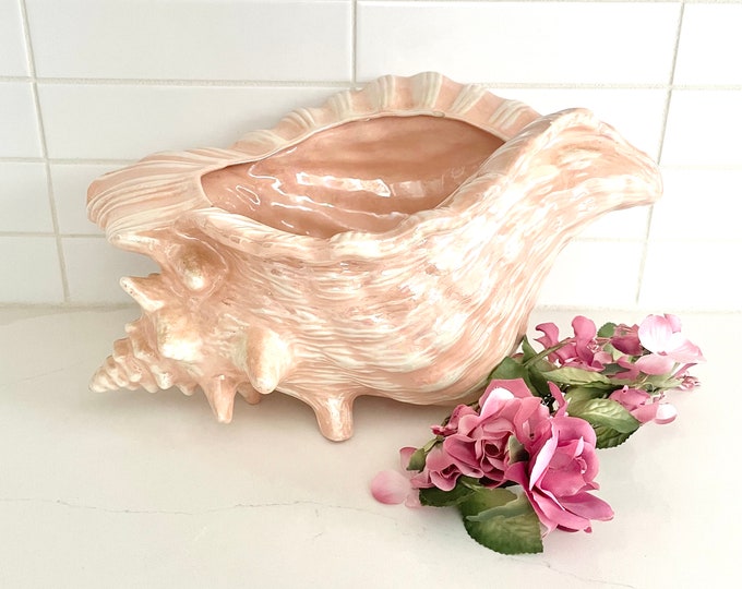 1980s Iridescent Ceramic Conch Shell Planter, Coastal Seashell Home ...