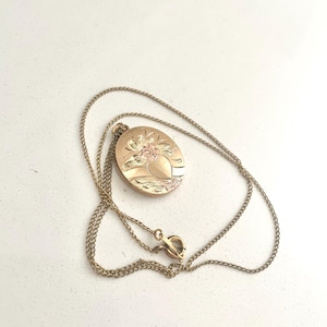 C1920s Gold-Filled Locket & Chain, Chased Floral Design with Heart, Valentine&#39;s Day Gift