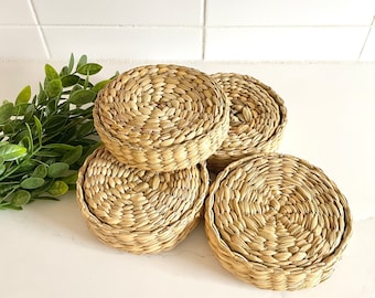 Vintage Seagrass Baskets with Lids, Set of 4, Bohemian Interiors, Boho Decor