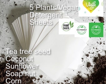 5 Plants based/Vegan detergent sheets. Tea tree, coconut, sunflower, soap nuts, corn . Environmental and animal friendly. Zero waste pkg!