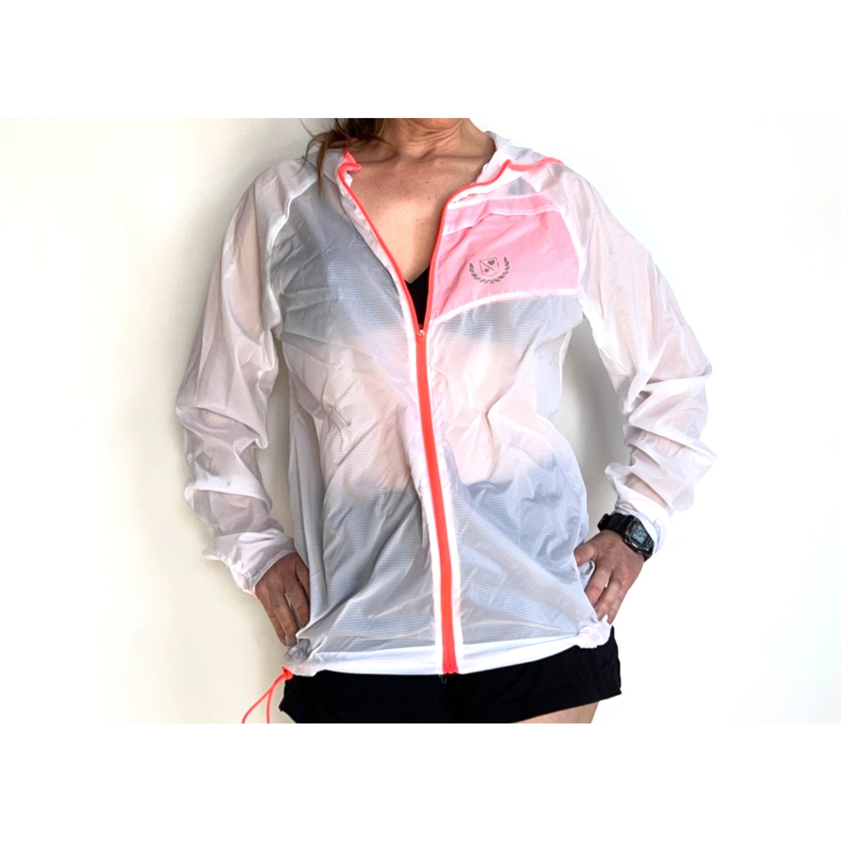 Sheer Transparent Windbreaker, White \u0026 Neon Orange, Women's L 90s Hoodie Jacket