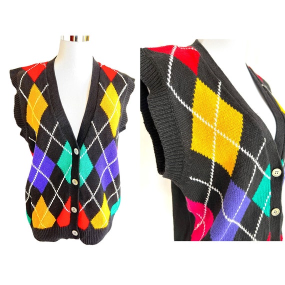 Vintage argyle vest, colorful diamond sweater, sl… - image 1