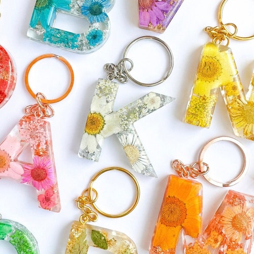 Personalised Flower Initial Resin Keychain, Custom Letter Keyring, Christmas Gift, Stocking Filler