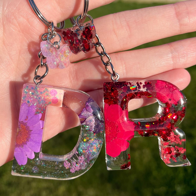 Glittery Keyring Gifts For Her Resin Keyring Resin Keychain Personalised Keyring Flower and Glitter Initial Keyring Keychain
