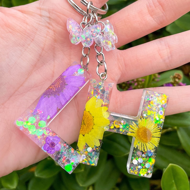 Glittery Keyring Gifts For Her Resin Keyring Resin Keychain Personalised Keyring Flower and Glitter Initial Keyring Keychain