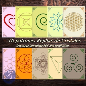 Puede incluir: Diez tarjetas rectangulares con diversos diseños geométricos y simbólicos, incluyendo corazones, espirales y estrellas, en colores como rojo, verde y azul. Las tarjetas tienen bordes decorativos y texto en español: "10 patrones Rejillas de Cristales".