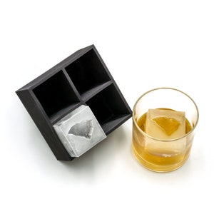 May include: A black silicone ice cube tray with four compartments, one filled with a clear ice cube shaped like the state of South Carolina. A glass of amber liquid with a clear ice cube is in the background.