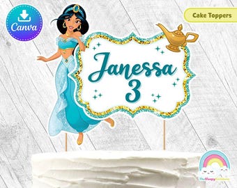 Princess Jasmine Birthday Party Cake Toppers Aladdin Printable Birthday Cake Toppers Easy Edit Canva Template Editable File