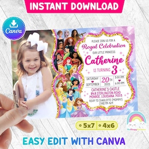 Princess Invitation Birthday Invite Party All Princess Invites Birthday Invitations with your child&#39;s picture Editable Canva Template