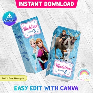 Frozen Elsa Anna Kristoff Sven Birthday Party 6 oz Juice Box Wrapper Frozen Olaf Juice Box Label Printable Easy Edit Canva Template Editable