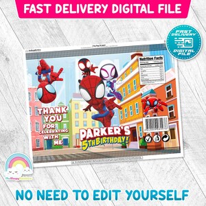 May include: A digital file chip bag wrapper featuring Spider-Man characters. The design includes the text "Parker's 5th Birthday!" and "Thank You For Celebrating With Me." The wrapper has a colorful city backdrop and a nutrition facts label.
