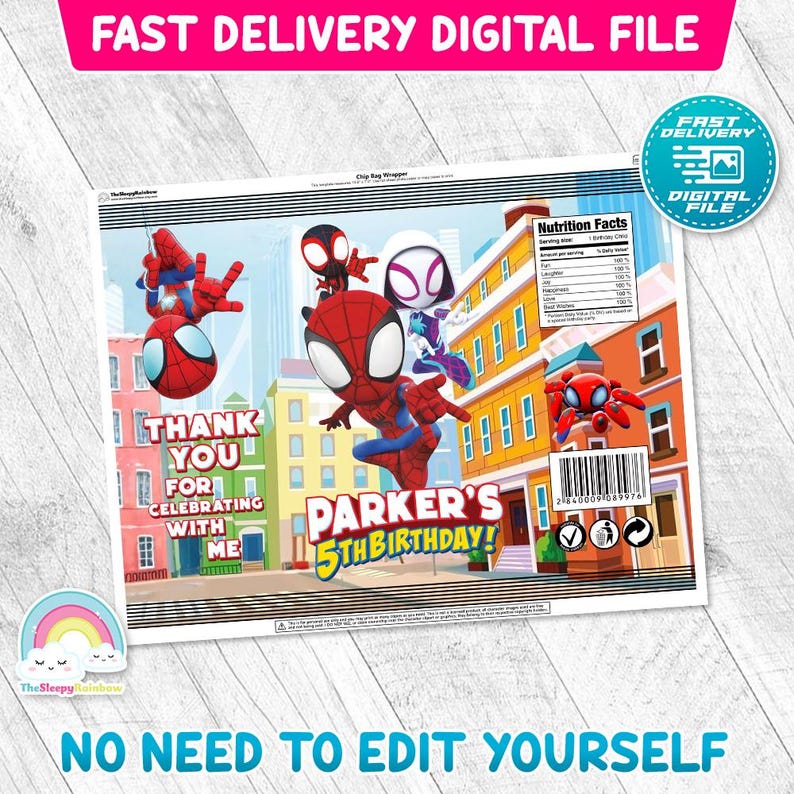 May include: A digital file chip bag wrapper featuring Spider-Man characters. The design includes the text "Parker's 5th Birthday!" and "Thank You For Celebrating With Me." The wrapper has a colorful city backdrop and a nutrition facts label.