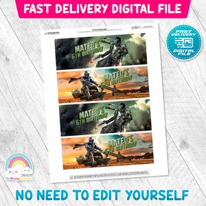 May include: A sheet of digital birthday labels featuring a Star Wars theme. The labels display the text "MATEO'S 6TH BIRTHDAY" with images of characters in action. The words "FAST DELIVERY DIGITAL FILE" and "NO NEED TO EDIT YOURSELF" are also visible.