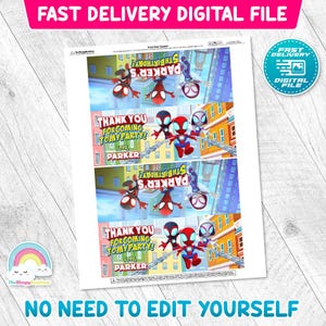 May include: Digital file featuring Spider-Man-themed treat bag toppers. The design includes various Spider-Man characters, cityscapes, and text that reads "Thank You For Coming To My Party!" and "Parker's 5th Birthday".