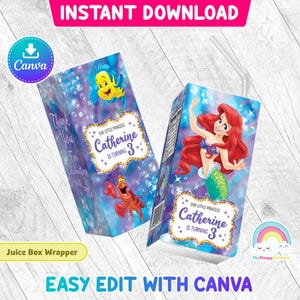 Little Mermaid Birthday Party 6 oz Juice Box Wrapper Little Mermaid Ariel Juice Box Label Printable Easy Edit Canva Template Editable File