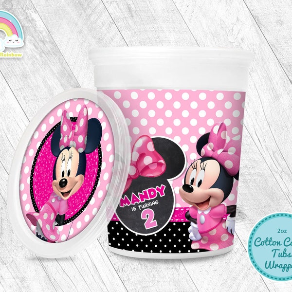Minnie Birthday Party Cotton Candy Tub Wrapper Label Minnie Mouse Pink 2 oz Cotton candy Printable
