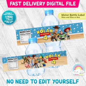 May include: Water bottle labels with a blue sky and cloud design, featuring the text "Nolan is Turning 4" and characters from a popular animated movie. The labels include nutrition facts and are designed for 473ml, 355ml, or 237ml bottles.