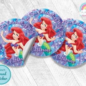 Little Mermaid 3 inch round sticker Birthday Party Favor Tags Ariel Mermaid 3 inch circle Sticker Treats Tags Thank you Label