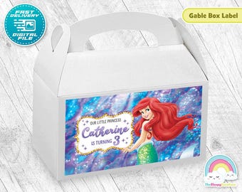 Little Mermaid Birthday Party Gable Box Label Princess Ariel Treat Box Sticker Printable Decoration