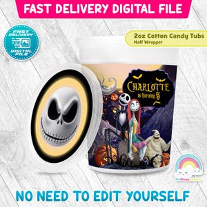 Etichetta per involucro di zucchero filato per festa di compleanno di Halloween Nightmare Before Christmas, 2 once, decorazione stampabile per zucchero filato immagine 1
