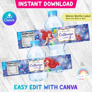 Etiqueta para botella de fiesta de cumpleaños de La Sirenita. Etiqueta para envoltorio de botella de agua de La Sirenita Ariel. Plantilla de Canva fácil de editar e imprimible. Archivo editable.