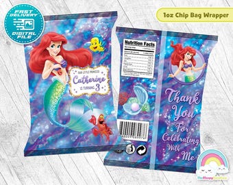 Little Mermaid Birthday Party Chip Bags Wrapper Label Little Mermaid Ariel Snack Bag Printable Decoration
