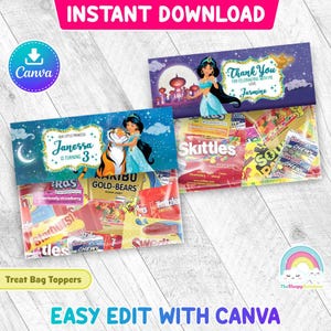 プリンセスジャスミンの誕生日パーティーのお菓子バッグラベル、アラジンのお土産、アナと雪の女王のビニール袋のトッパー、印刷可能、簡単に編集できるCanvaテンプレート