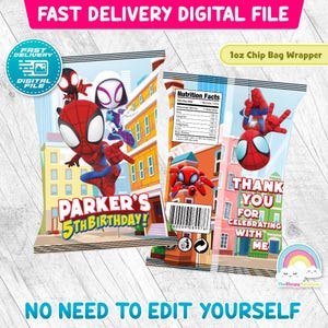 May include: Digital chip bag wrapper featuring Spider-Man and Spider-Gwen characters. The design includes the text "Parker's 5th Birthday!" and "Thank You for Celebrating with Me." The wrapper is labeled "1oz Chip Bag Wrapper" and "Fast Delivery Digital File."