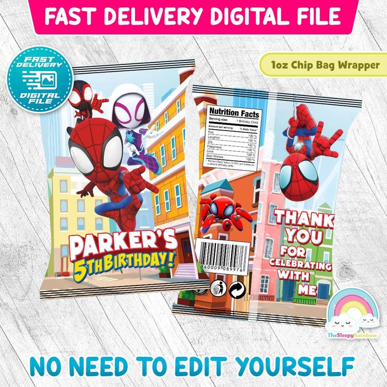 May include: Digital chip bag wrapper featuring Spider-Man and Spider-Gwen characters. The design includes the text "Parker's 5th Birthday!" and "Thank You for Celebrating with Me." The wrapper is labeled "1oz Chip Bag Wrapper" and "Fast Delivery Digital File."