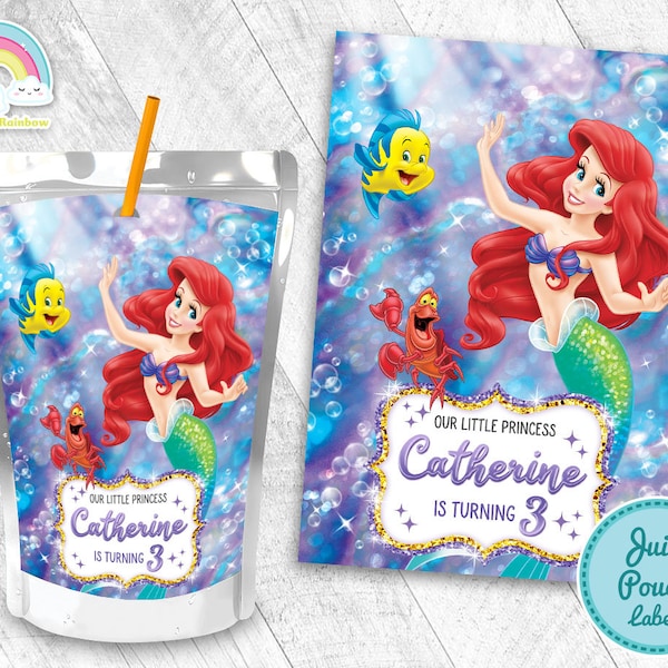 Little Mermaid Birthday Party Juice Pouch Label Little Mermaid Ariel Juice Label Printable