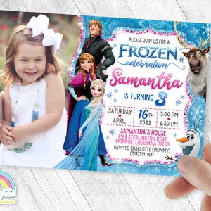 Frozen Invitation Birthday Invite Party Glitter Beautiful Elsa Anna Kristoff Sven Olaf FROZEN Invites with your child's picture