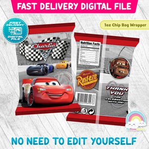Cars Birthday Party Chip Bags Wrapper Label Race Car Lightning McQueen Mater Snack Bag Printable Decoration