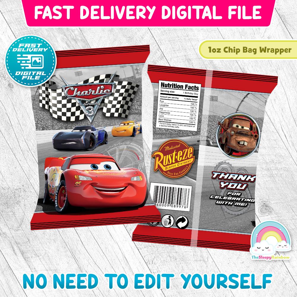 Cars Birthday Party Chip Bags Wrapper Label Race Car Lightning McQueen Mater Snack Bag Printable Decoration
