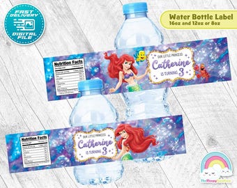 Etiqueta para botella de fiesta de cumpleaños de La Sirenita, etiqueta para envoltorio de botella de agua de La Sirenita Ariel, etiqueta imprimible, decoración