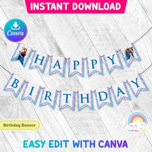 Gefrorene Elsa Anna Alles Gute zum Geburtstag Banner Girlande Gefrorene Geburtstagsbanner Druckbare Party Easy Bearbeiten Canva Vorlage Bearbeitbare Datei