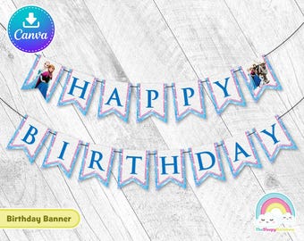 Guirnalda de pancartas de feliz cumpleaños de Frozen, Elsa y Anna, pancarta de cumpleaños de Frozen, plantilla imprimible para fiesta, fácil de editar, archivo editable de Canva