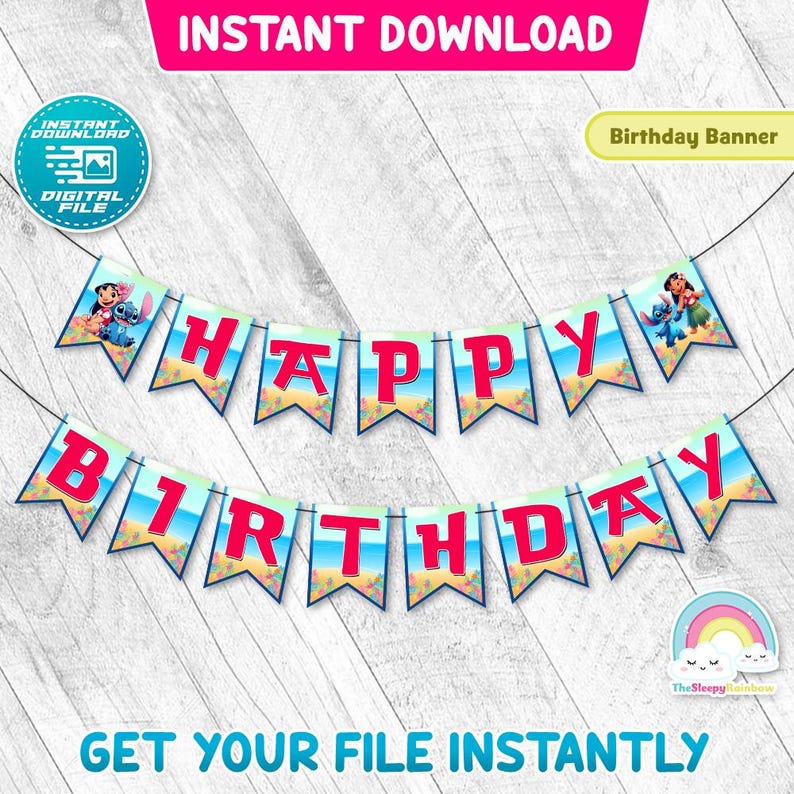 May include: A colorful birthday banner with the words "HAPPY BIRTHDAY" in red letters. The banner features a tropical beach scene with cartoon characters. The words "INSTANT DOWNLOAD" and "DIGITAL FILE" are also visible.