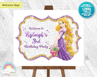Cartel de bienvenida de cumpleaños de la princesa Rapunzel, cartel de puerta enredada, decoración de fiesta de cumpleaños imprimible
