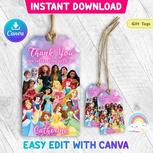 Princess Party Favor Tags Gift Tag All Princess Treats Tags Thank you Label Easy Edit Canva Template Editable File