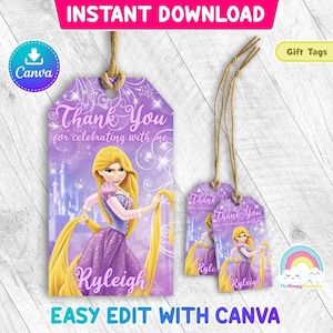 Etichette per bomboniere a tema Rapunzel per feste di compleanno, etichette per regali e dolcetti a forma di Rapunzel, etichetta di ringraziamento, modello Canva facile da modificare, file modificabile